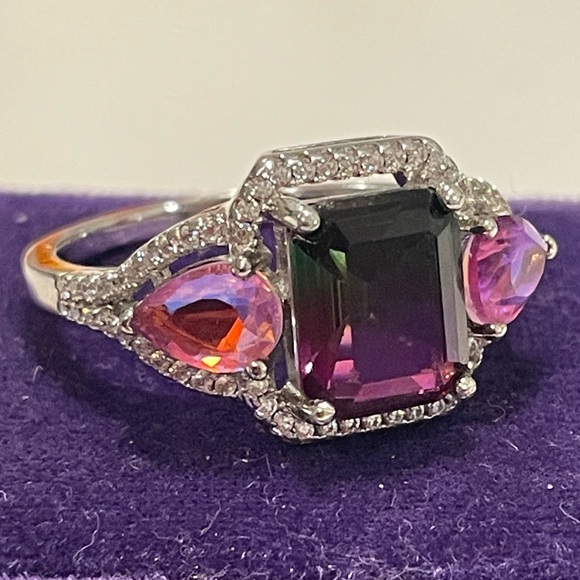 925 Watermelon Tourmaline & Pink Mercury Three Stone Sz10 NWOT - Picture 2 of 3